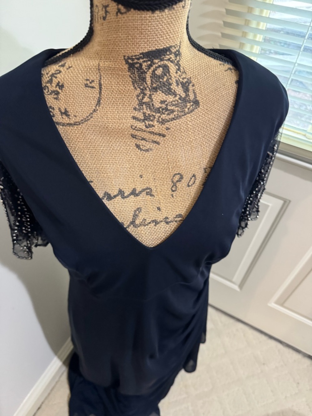 Xscape Dark Navy V-Neck Maxi Dress with Beaded Fringe Sleeves size 14 - Picture 3 of 16